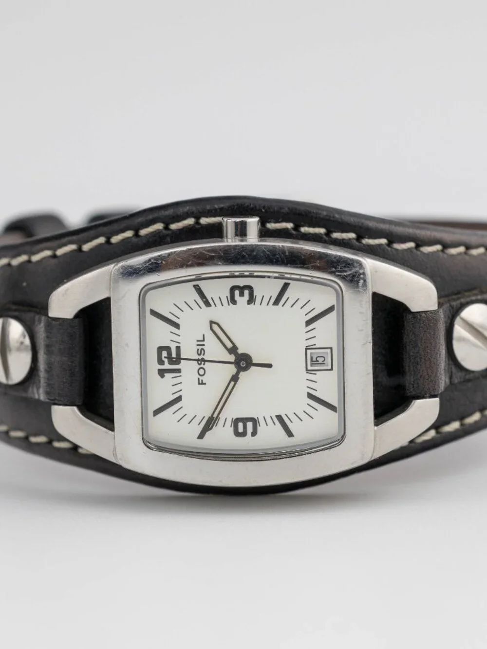 Fossil Black Leather Studded Cuff Quartz Analog Women's Watch New Battery